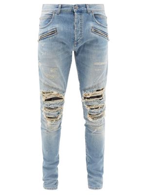 Balmain - Distressed Slim-leg Jeans - Mens - Light Blue