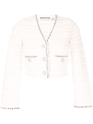 Self-Portrait pearl-embellished striped cropped cardigan - White
