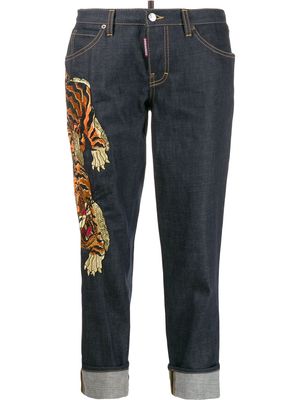 Dsquared2 cropped tiger embroidered jeans - Blue