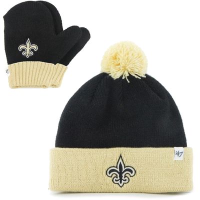 Infant '47 Black/Gold New Orleans Saints Bam Bam Cuffed Knit Hat With Pom and Mittens Set
