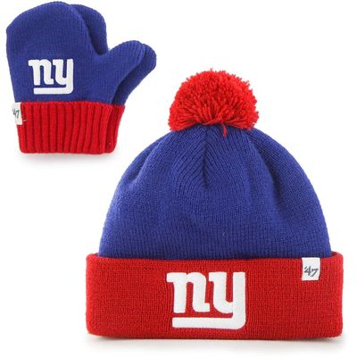 Infant '47 Royal/Red New York Giants Bam Bam Cuffed Knit Hat With Pom and Mittens Set