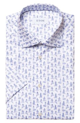 Eton Men's Contemporary Fit Lighthouse Print Dress Shirt in Medium Blue