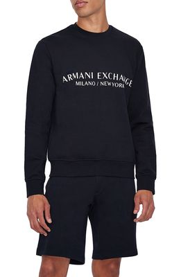 Armani Exchange Milano/New York Logo Crewneck Sweatshirt in Solid Blue Navy