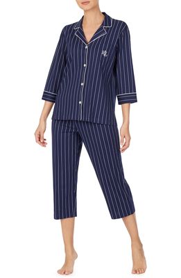 Lauren Ralph Lauren Knit Crop Cotton Pajamas in Blue/white