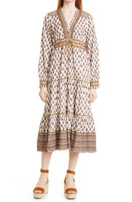 Veronica Beard Alessandra Long Sleeve Floral Cotton Midi Dress in Cream Multi