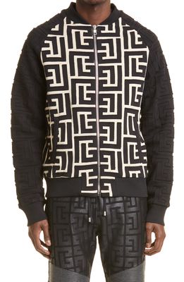 Balmain Maxi Monogram Knit Bomber Jacket in Ivory/Noir