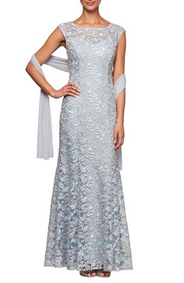 Alex Evenings Floral Embroidered Evening Gown with Wrap in Light Blue