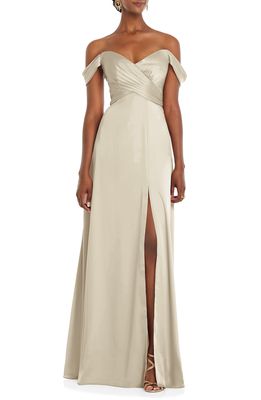 Dessy Collection Off the Shoulder Satin Gown in Champagne