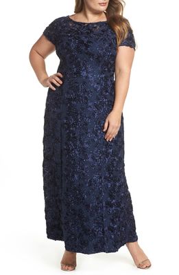 Alex Evenings Rosette Lace Short Sleeve A-Line Gown in Navy