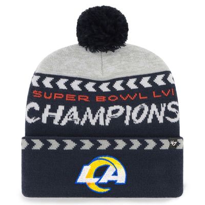 Men's '47 Gray/Navy Los Angeles Rams Super Bowl LVI Champions Clapboard Cuffed Pom Knit Hat