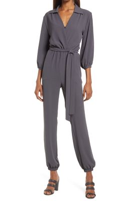 Fraiche by J Tie Waist Long Sleeve Jumpsuit in Charcoal