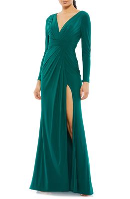 Mac Duggal Long Sleeve Wrap Jersey Gown in Emerald
