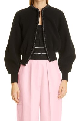 Alexander Wang Ruched Faux Leather Trim Wool & Cashmere Cardigan in Black