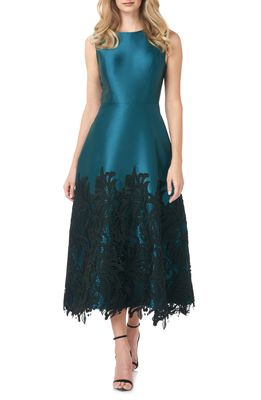 Kay Unger Lola Guipure Lace Twill Midi Cocktail Dress in Dark Aqua/Black