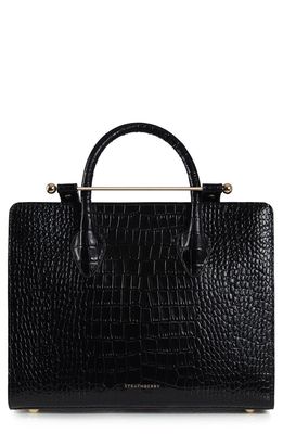 Strathberry Midi Croc Embossed Leather Tote in Black