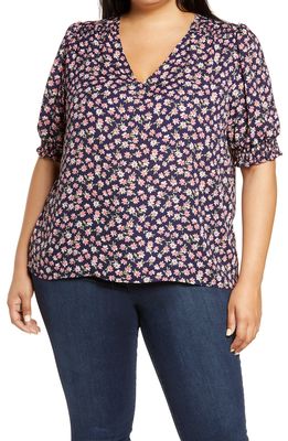 GIBSONLOOK Smocked V-Neck Blouse in Navy Pink Ditsy