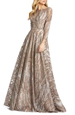 Mac Duggal Embroidered & Embellished Long Sleeve Tulle Ballgown in Mocha