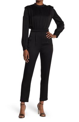 Veronica Beard Kavia Shirred Long Sleeve Satin Jumpsuit in Black