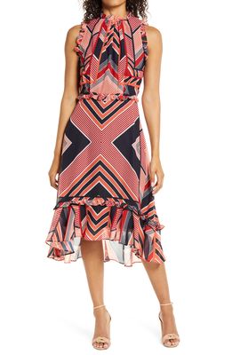 Julia Jordan Mod Stripe Ruffle Trim Midi Dress in Orange Multi