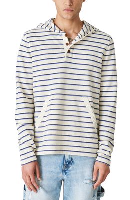 Lucky Brand Stripe Terry Hoodie in White/Blue Multi
