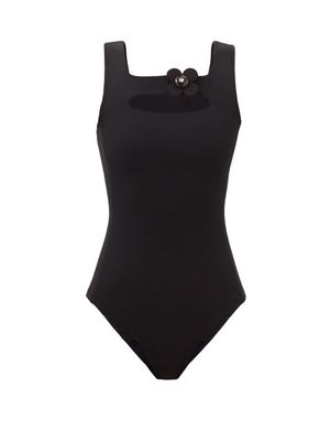 Shushu/tong - Flower-embellished Cutout Jersey Bodysuit - Womens - Black
