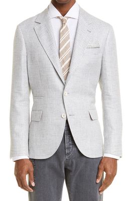 Brunello Cucinelli Houndstooth Linen & Wool Blend Suit Jacket in C767 Pearl Grey