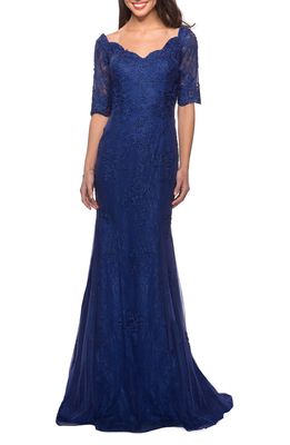 La Femme Beaded V-Neck Lace Gown in Marine Blue