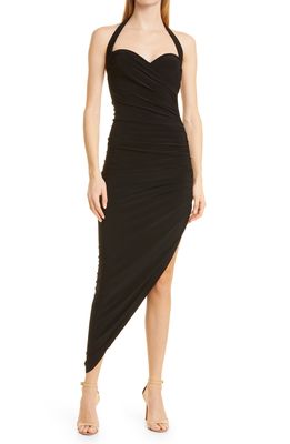 Norma Kamali Cayla Ruched Side Drape Halter Gown in Black