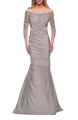 La Femme Lace Bodice Mermaid Gown in Silver