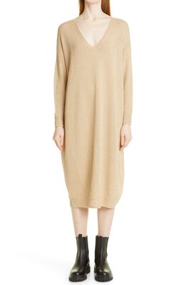 Fabiana Filippi Long Sleeve Sequin Cotton & Linen Blend Sweater Dress in Golden Beige