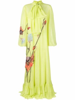 Costarellos floral-embroidered puff-sleeve gown - Green