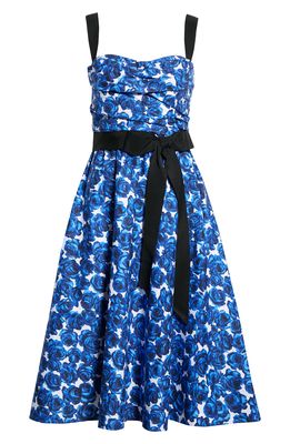 Carolina Herrera Rose Garden Belted Fit & Flare Midi Dress in Blue Multi