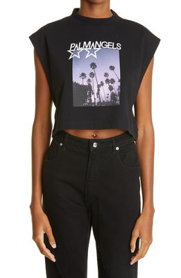 Palm Angels Shooting Stars Cotton Crop Graphic Muscle Tee in Black White
