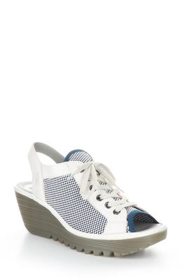 Fly London Yedu Lace-Up Wedge Sandal in White/Blue Mousse/Knit