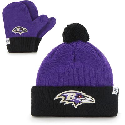 Infant '47 Purple/Black Baltimore Ravens Bam Bam Cuffed Knit Hat With Pom and Mittens Set