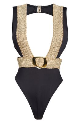 River Island Plunge Neck One-Piece Swimsuit in Black