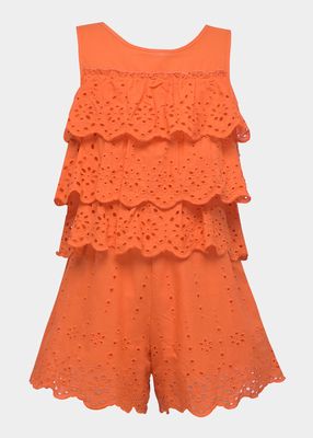 Girl's Eyelet Tiered Scalloped Romper, Size 7-14