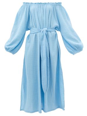 Anaak - Lalija Off-the-shoulder Cotton-muslin Dress - Womens - Blue