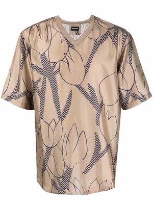 Giorgio Armani floral-print silk T-shirt - Neutrals