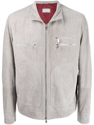 Brunello Cucinelli herringbone-pattern leather jacket - Grey