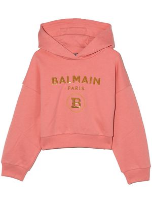 Balmain Kids sequin-logo cropped hoodie - Pink