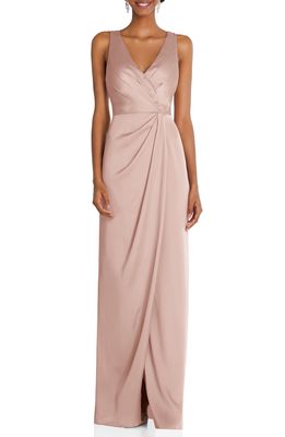After Six Sleeveless Satin Faux Wrap Gown in Toasted Sugar