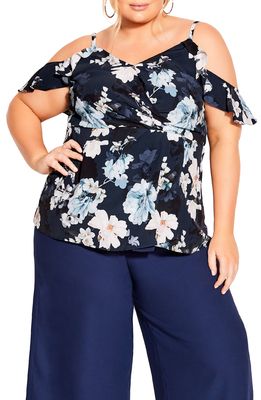 City Chic Floral Cold Shoulder Top in Navy Shy Orchid