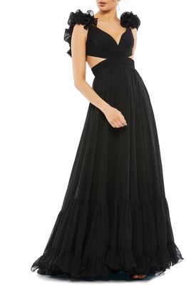 Mac Duggal Rosette Chiffon Cutout Empire Waist Gown in Black