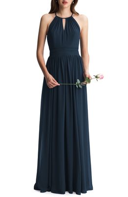 Levkoff Keyhole Neck Chiffon A-Line Gown in Navy