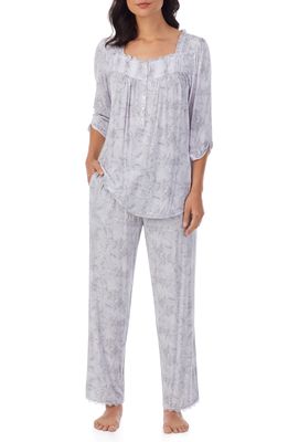 Eileen West Lace Trim Jersey Pajamas in Grey Floral