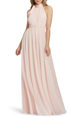 Ieena for Mac Duggal High Neck Ruched Chiffon A-Line Gown in Blush