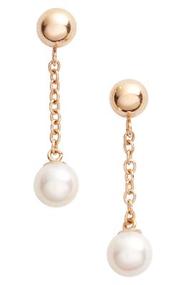 Poppy Finch Linear Drop Pearl Earrings in Yellow Gold/White Pearl