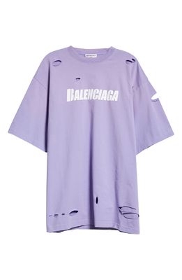 Balenciaga Unisex Logo Destroyed Graphic Tee in Light Purple/White
