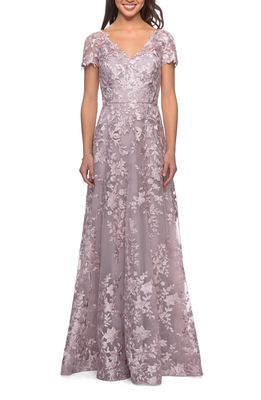 La Femme Embroidered Lace A-Line Gown in Antique Blush